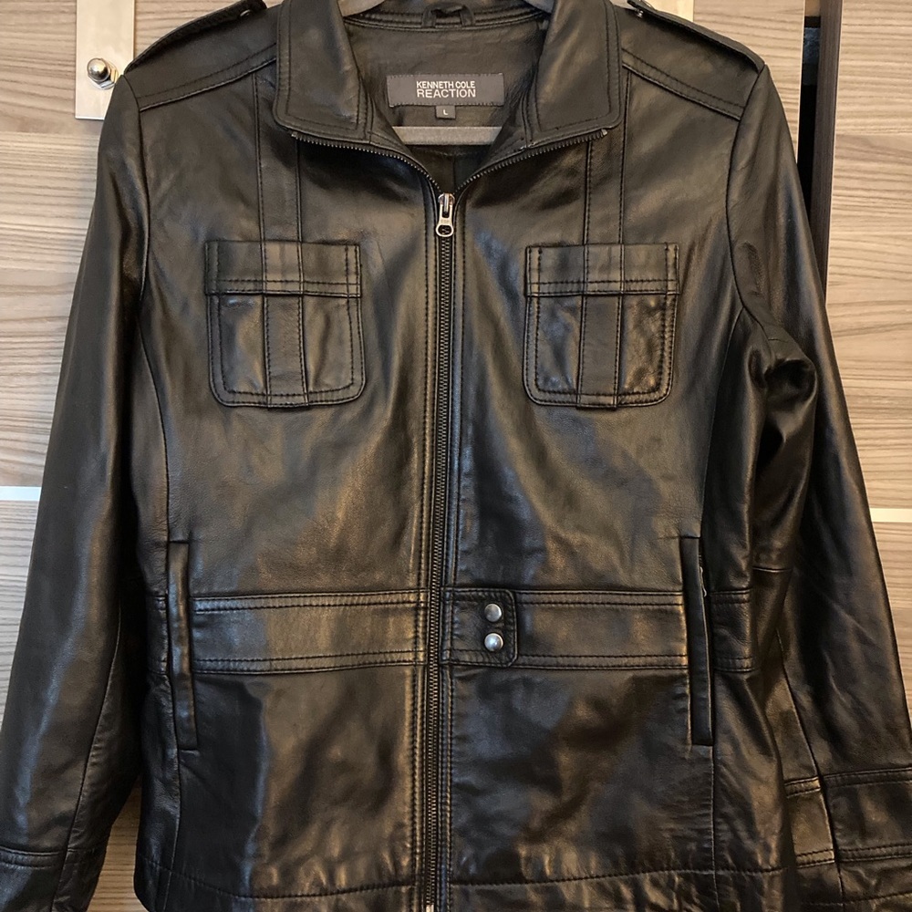 Kenneth Cole Leather Jacket Black Leather Fitted Size Large Silver Hardware